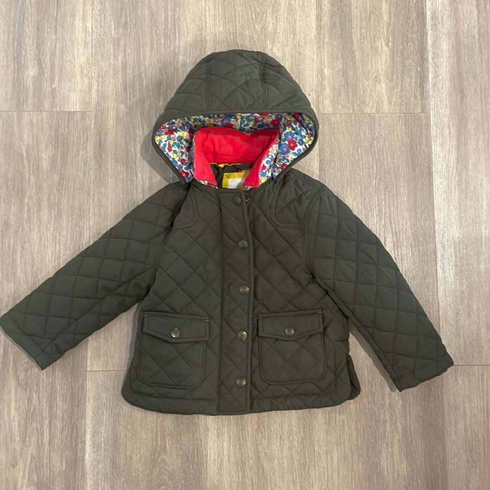 NWOT Mini Boden khaki green quilted jacket 2-3T